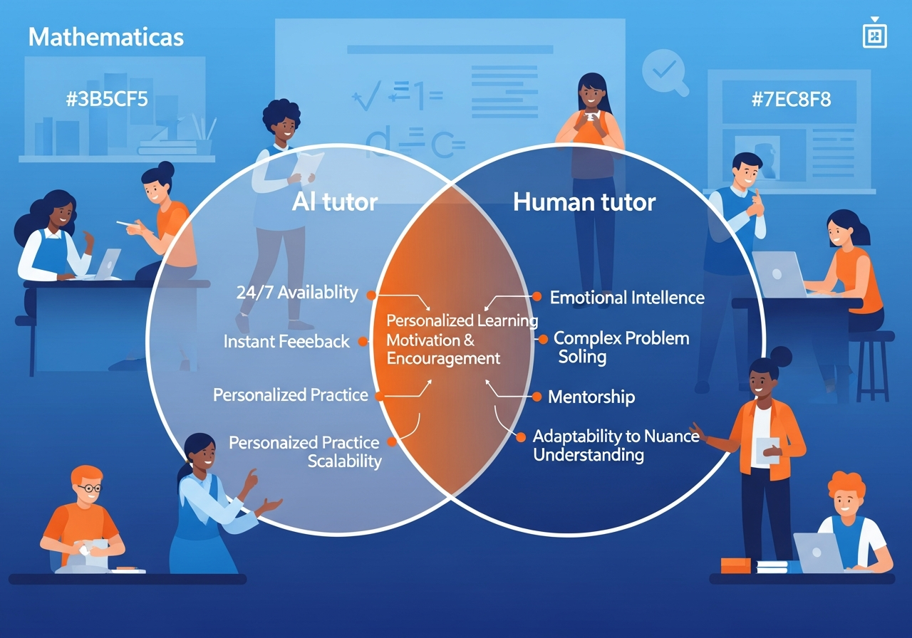 Side-by-side scene: human tutor at a table with student on the left, AI ...
