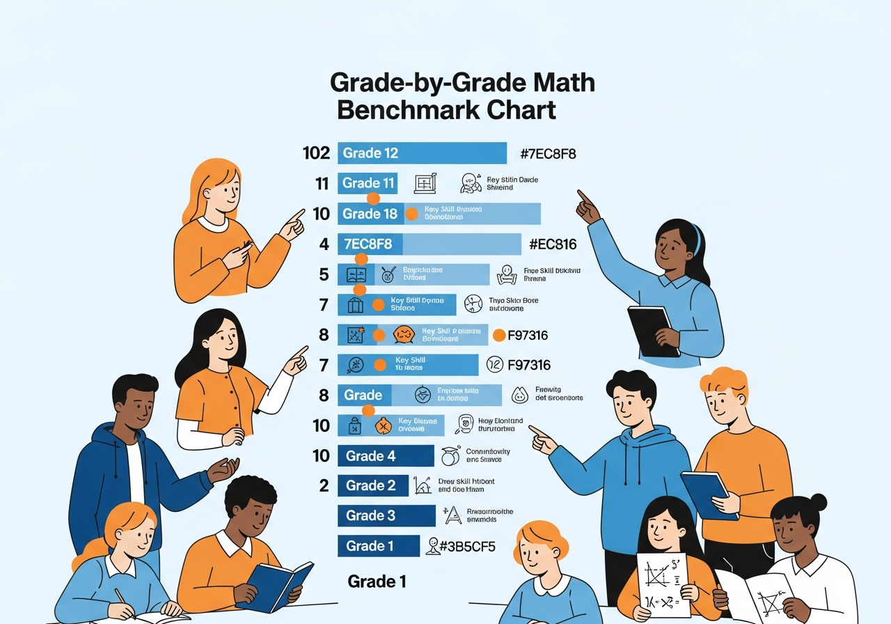 Benchmark Math Shapes Parent reviewing a colorful grade-by-grade math benchmark chart, child ...